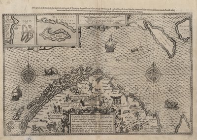 Mappa della Norvegia settentrionale con ingrandimenti di Vardø e Kildin di Willem Barents da Lucas Janszoon Waghenaer